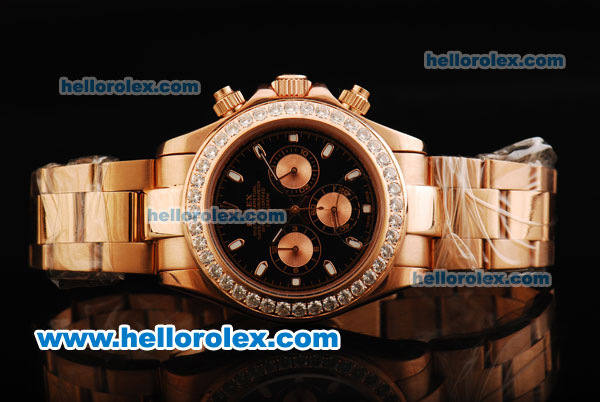 Rolex Daytona Chronograph Miyota Quartz Movement Full Rose Gold with Black Dial - Three RG Subdials and Diamond Bezel - Click Image to Close